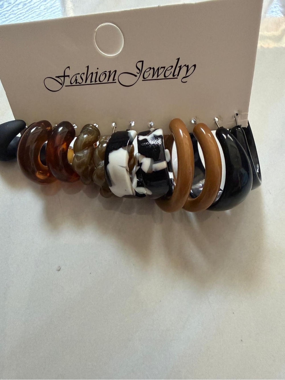 Fashion Jewelry Black, Brown, Tortoise & Cream Resin Hoop Earring Set